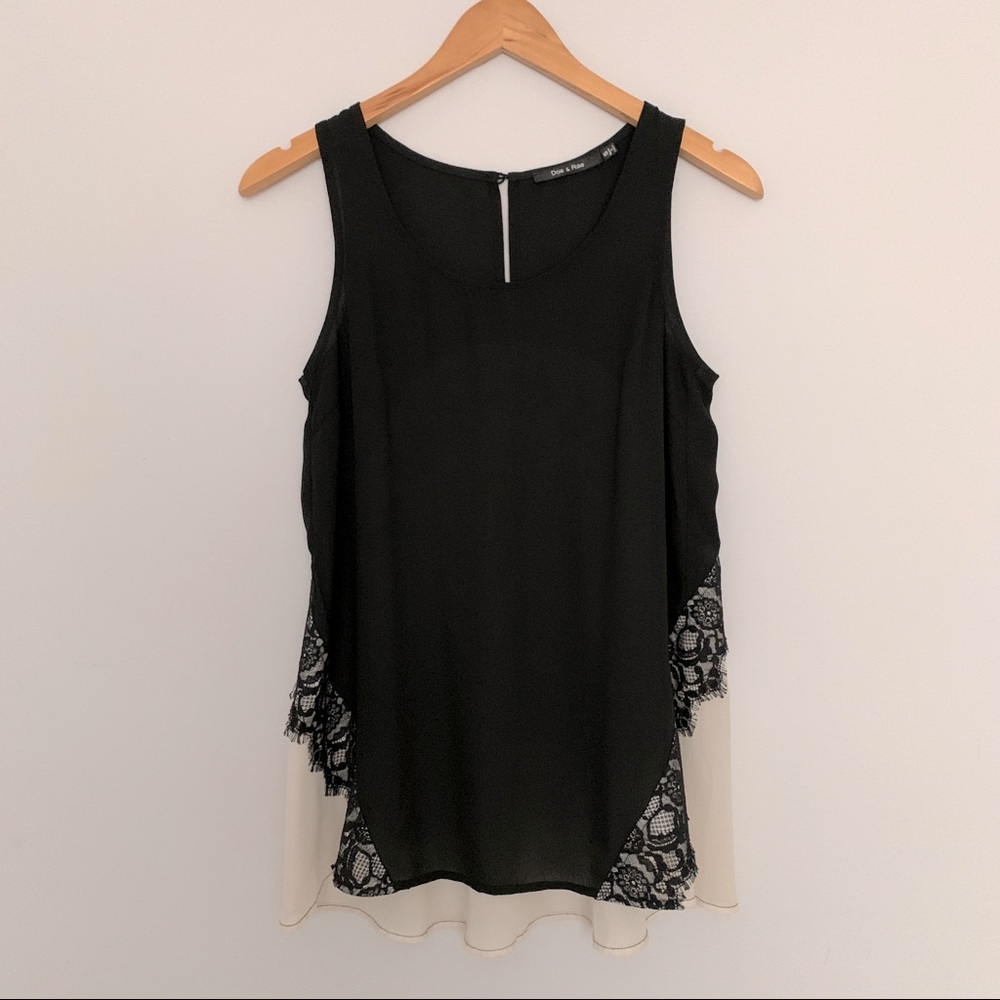 Sexy Y2K Flowy Layered Peek-a-boo Lace Blouse Tank Top Shirt in Black, Cream (S)
